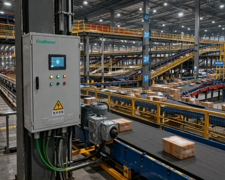 Instalasi VFD Sistem Konveyor dan Sortasi — Pusat Logistik E-Commerce, Provinsi Zhejiang